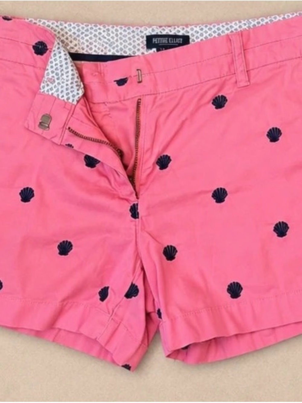 British Khaki Pink Shorts with Navy Shell Embroidery